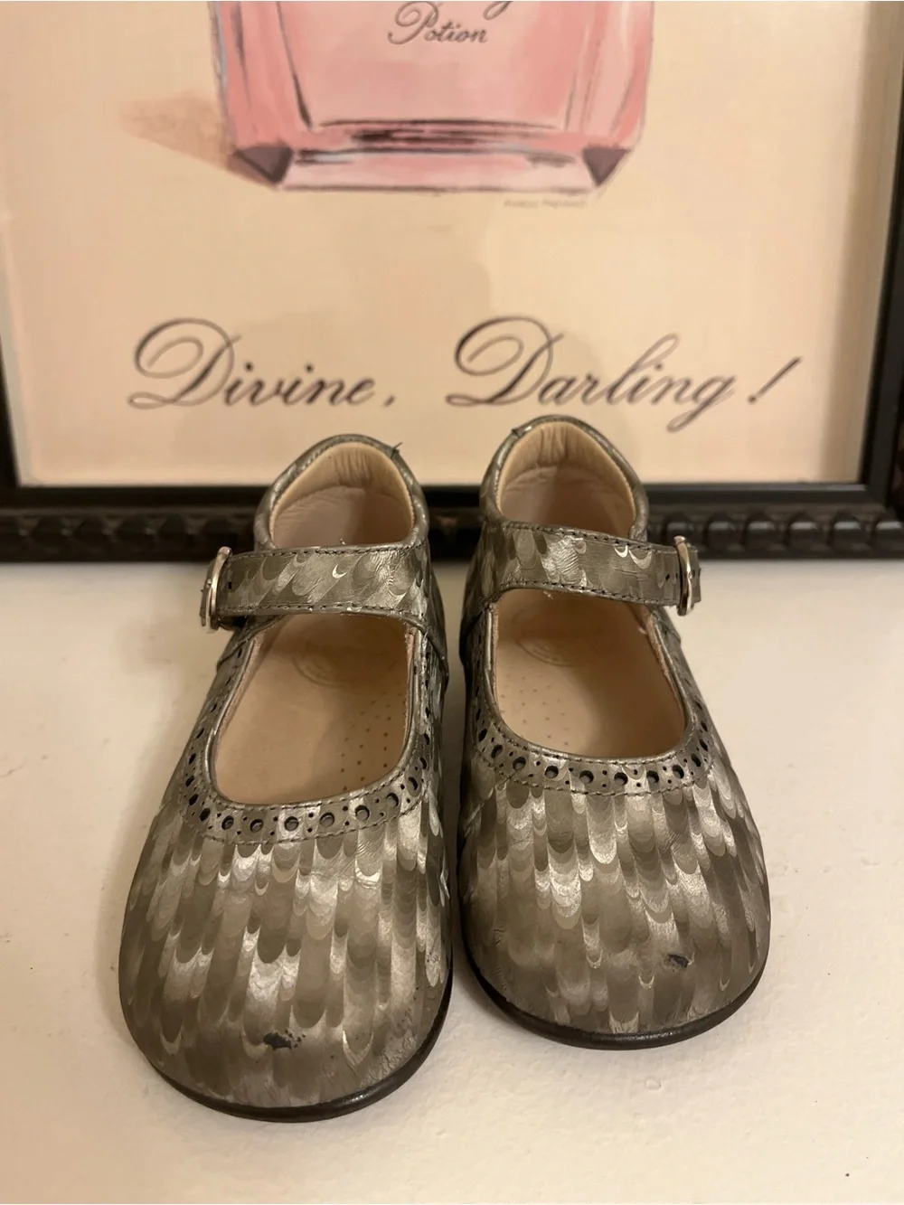 Mary Jane Shoes - Metallic Feather-Print Leather, Toddler EU 22 (US Toddler 6)